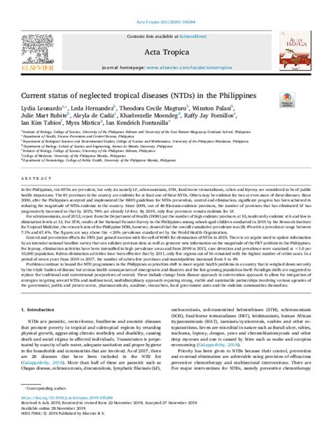 Current status of neglected tropical diseases (NTDs) in the Philippines.